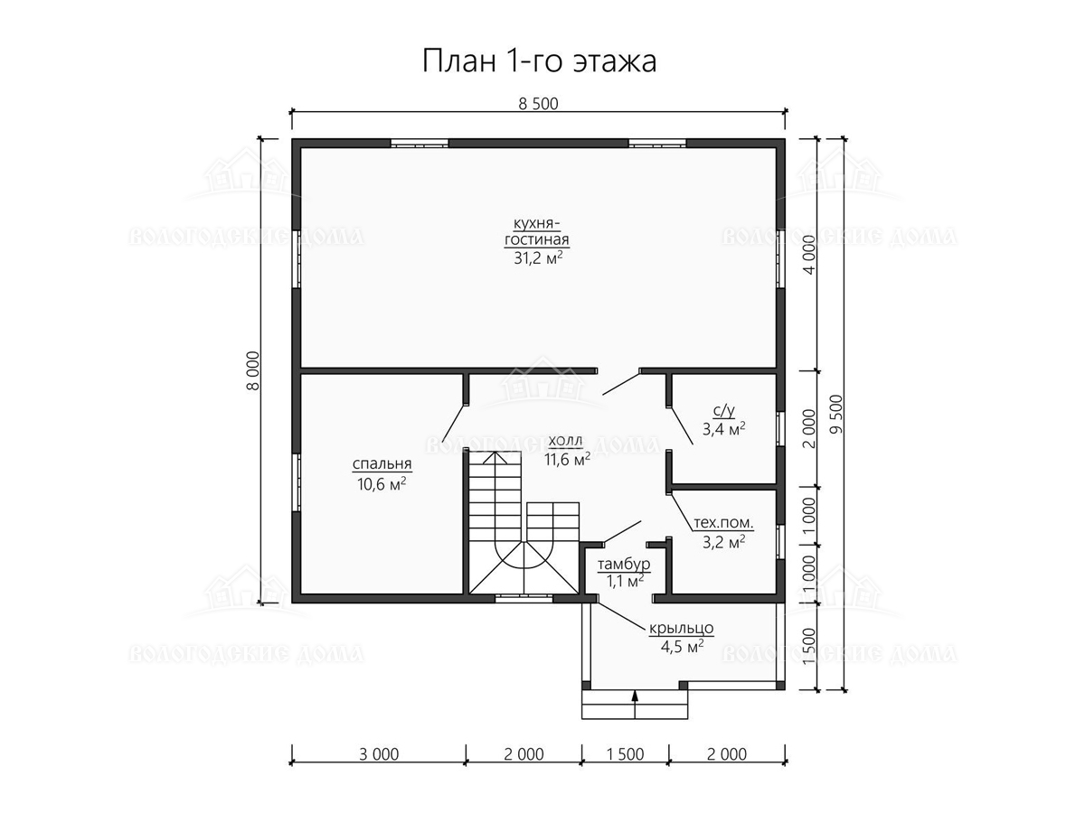 Дом из бруса 8.5x8 «Тюмень». Постройте проект «Тюмень» всего за 10-20 дней  за 1093000 руб. – в СК «Вологодские дома»